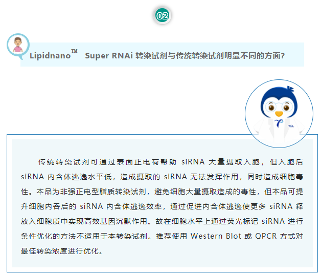Lipidnano™Super RNAi转染试剂与传统转染试剂明显不同的方面？传统转染试剂可通过表面正电荷帮助 siRNA 大量摄取入胞，但入胞后 siRNA 内含体逃逸水平低，造成摄取的 siRNA 无法发挥作用，同时造成细胞毒性。本品为非强正电型脂质转染试剂，避免细胞大量摄取造成的毒性，但本品可提升细胞内吞后的 siRNA 内含体逃逸效率，通过促进内含体逃逸使更多 siRNA 释放入细胞质中实现高效基因沉默作用。故在细胞水平上通过荧光标记 siRNA 进行条件优化的方法不适用于本转染试剂。推荐使用 Western Blot 或 QPCR 方式对最佳转染浓度进行优化。